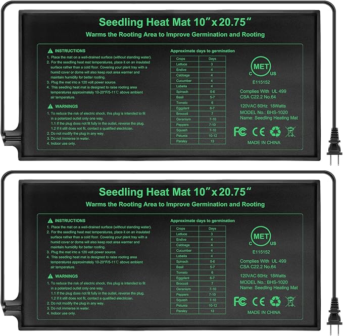 Upgraded MET Certified Seedling Heat Mat 10"x20.75",Waterproof Plant Heating Mat Heating Pad for Seed Germination,Hydroponic Heating Pad Seed Starter (2 Pack)