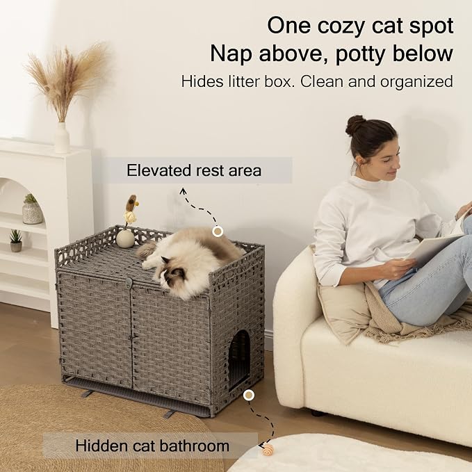 Furriends Cat Litter Box Enclosure with 2 Litter Mats, Hidden Litter Box Cabinet for Dust and Order Control, Litter Box Hider, Handwoven Rattan Cat House with Three-sided Fenced Top (Grey)