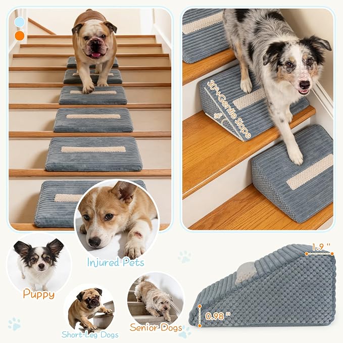 Foam Dog Ramp for Stairs, Low-Impact Climbing Dog Stairs for Senior Dogs | 5.1"H, 6 Pack, 40D High-Density Foam Won't Collapse, Protects Joints, Anti-Slip & Self-Sticky Pads, Washable Cover, Grey
