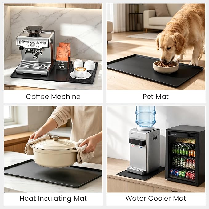 Silicone Coffee Mat Set, 24” x 16” Coffee Bar Mat for Countertop with Detachable Dish Drying Mat, Anti-Slip Countertop Protector for Espresso Machine, Heat Resistant, Rolled Ship, Black