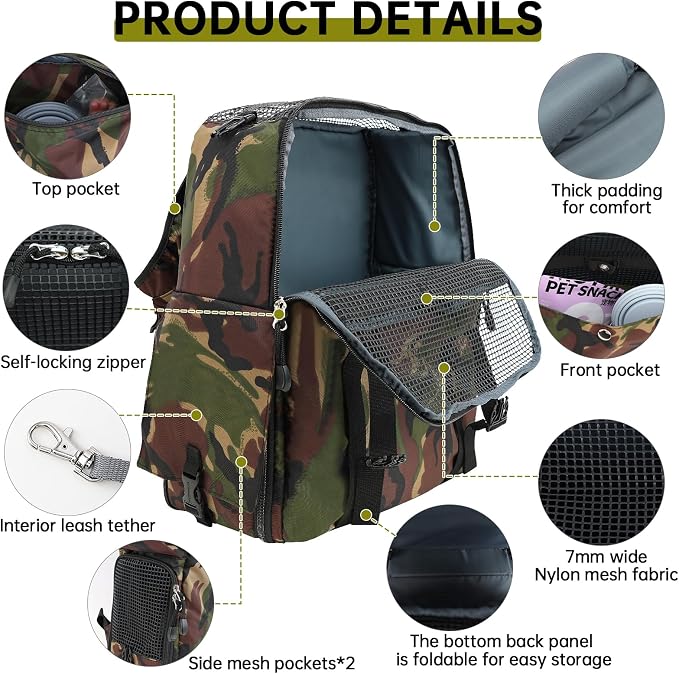 Cat Dog Backpack Carrier for Hiking Travel Portable Pet Daypack for Dog Cat Below 7kg/15.5lbs -Camouflage Olive