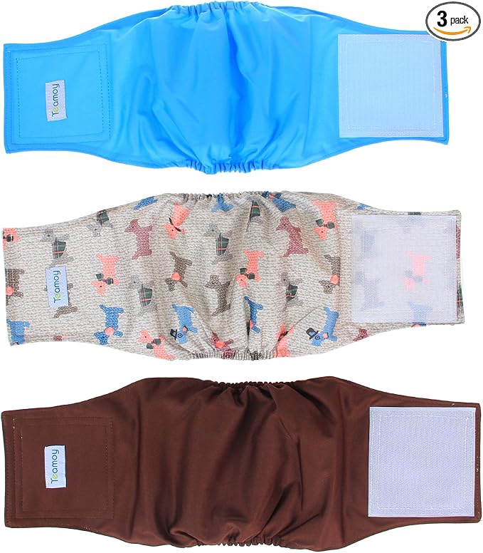 Teamoy Reusable Wrap Diapers for Male Dogs, Washable Puppy Belly Band Pack of 3 (M, 13"-16" Waist, Light Blue+ Dogs+Coffee)