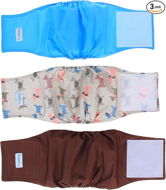 Teamoy Reusable Wrap Diapers for Male Dogs, Washable Puppy Belly Band Pack of 3 (M, 13"-16" Waist, Light Blue+ Dogs+Coffee)