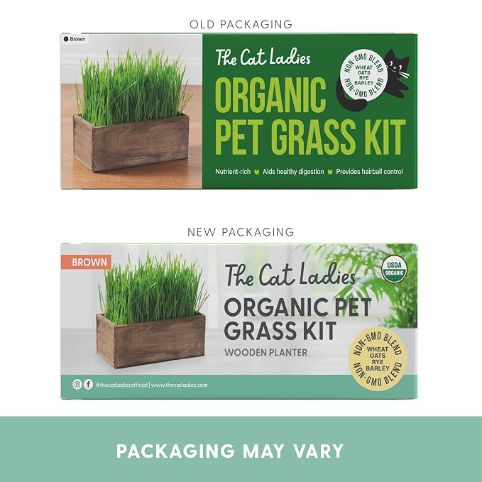 The Cat Ladies Cat Grass Kit Complete with Rustic Wood Planter, Organic Seed and Soil. Easy to Grow - Great for Indoor or Outdoor Cat, Dogs and Other Pets. Prevent Hairballs and Aid Digestion
