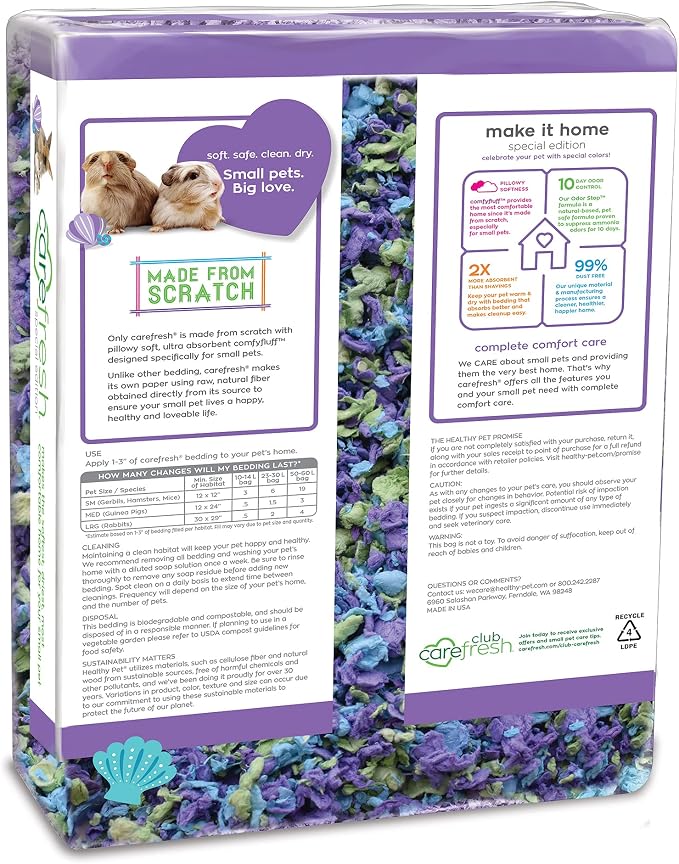 Carefresh 99% Dust-Free Sea Glass Natural Paper Small Pet Bedding, with Superior 10 Day Odor Control & Absorption, for Guinea Pigs, Hamsters, Rabbits, & Rats, 50 L