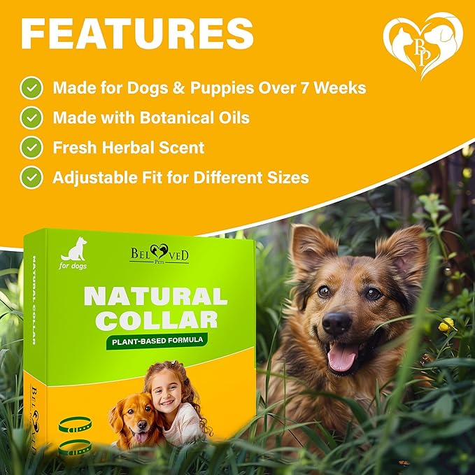 Beloved Pets Plant-Based Dog Collar, 6 Month Wear, 2 Count, Adjustable Collar for Dogs with Botanical Oils, Everyday Skin & Coat Comfort (1 Pack, 2 Count)