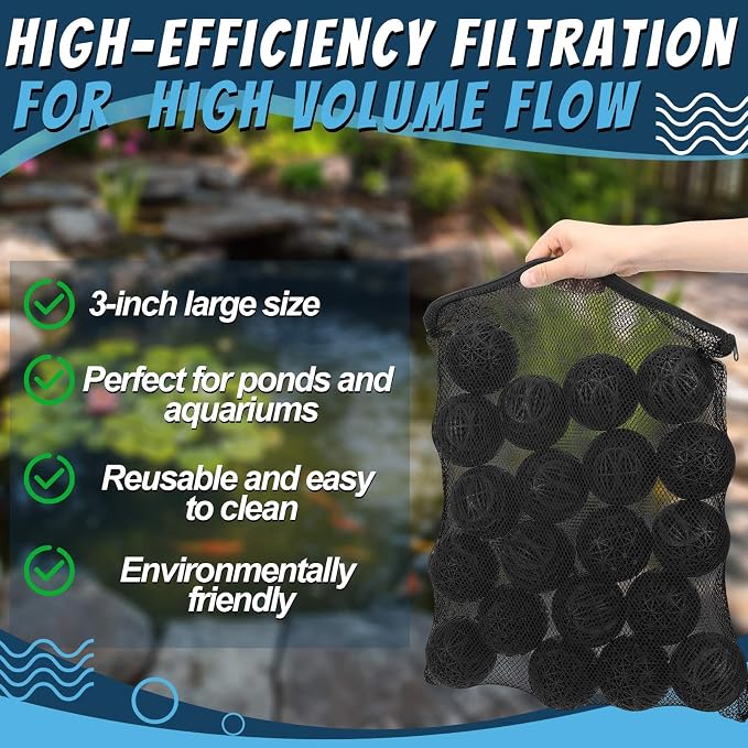 VIHOSE 50 Count 3 Inch Black Large Bio Balls Media Filter Durable Fish Pond Filter Media with Sponge Biological Filtration Mediums for Pond Aquarium Fish Tanks Filters with 12" x 16" Mesh Bag