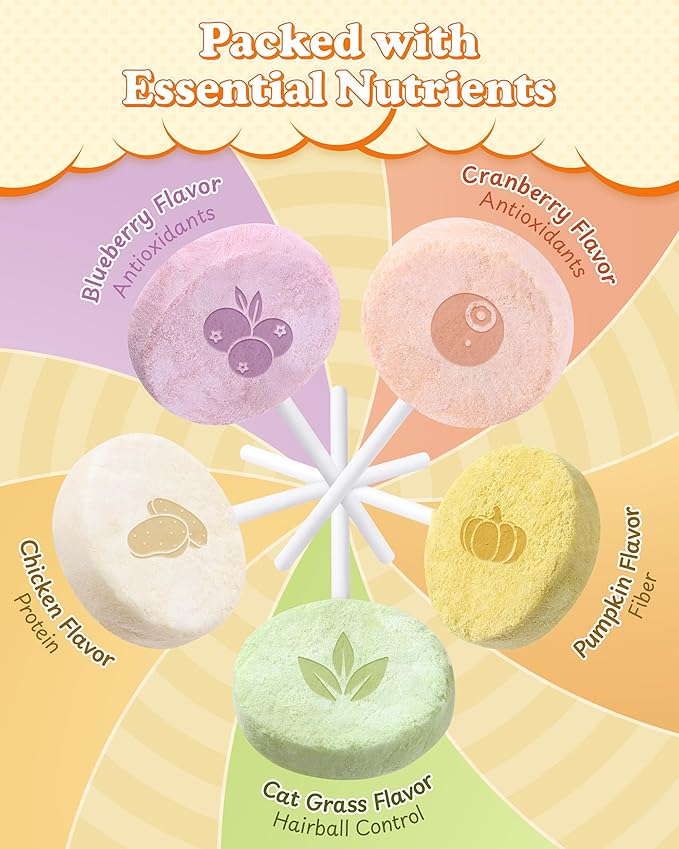 50 Pack Freeze Dried Cat Lollipop Treats, 5 Flavors, 70% High Protein Natural Cat Treats for Hairball Control & Urinary Health, Interactive Cat Toy,Cat Birthday Treats& Food Toppers