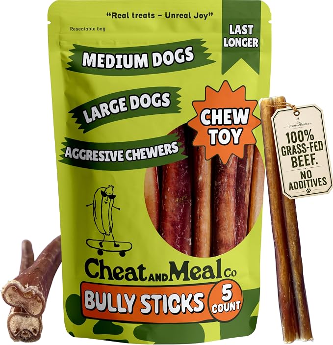 Bully Sticks for Medium & Large Dogs - Chew Toys for Aggressive Chewers, Standard 6 Inch (5 Count), Long Lasting, 100% Grass-Fed, Single Ingredient, Rawhide-Free, Free Range
