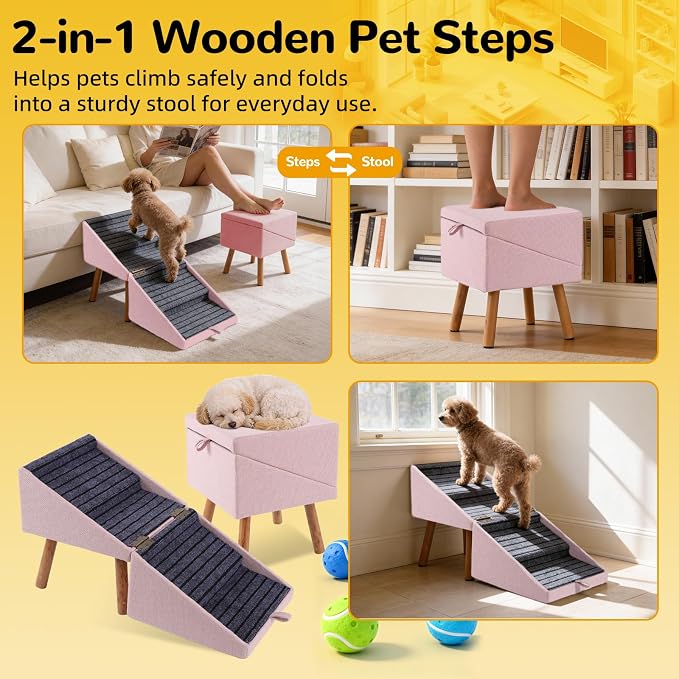 Dog ramp for Small Dogs, 2-in-1 Pet Steps & Ottoman - Foldable Dog ramp for Couch, Non-Slip Wooden Pet ramp for Puppy Senior Injured Dogs (Pink, XL(17.13H))