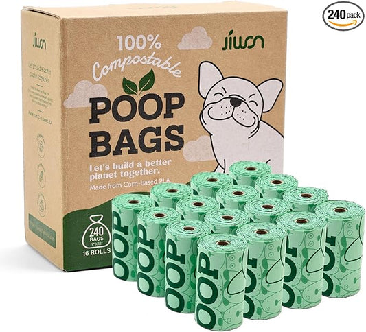 JIWON 100% Certified Home Compostable Dog Poop Bags, 240 Count (16 Rolls), 9"x13", OK Compost & Seedling, Thick & Leakproof, Plant Based Compostable Waste Bags, Unscented