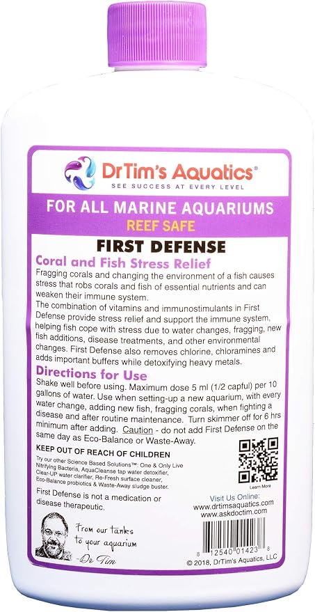 DrTim's Aquatics Reef First Defense Fish Stress Relief and Immune Support – For Reef, Nano, Sea Horse Fish Tanks, Aquariums – Revitalizes Natural Coat – Detoxifies Heavy Metals, Repairs Wounds – 128 Oz.