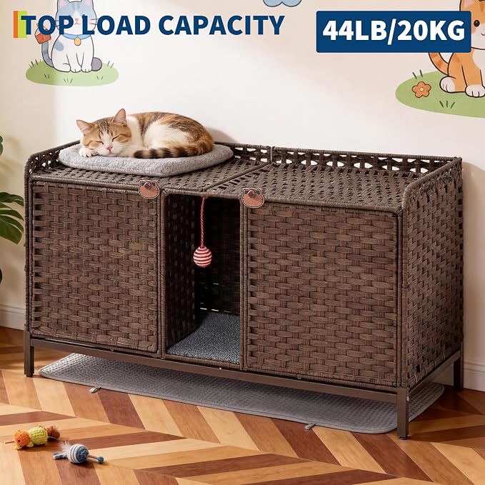 Rattan Litter Box Enclosure Double Cat Hidden Litterbox Furniture with Removable Litter Mat,Ball & 2 Hooks, Natural Cat House End Table, Easy Assembly, 47.2" l x 19.7" w x 23.6" h Brown