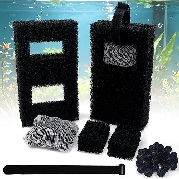 NEWKE Upgraded 2 Set Aquarium Filter Media Compatible with SPEC 3/5 Gal, for EVO 5 Gal, for Flex 9/12 Gal, Includes 2 Carbon Media Pad, 2 Foam Filter, 2 Bag Bio Filter Balls & 2 Filter Cord