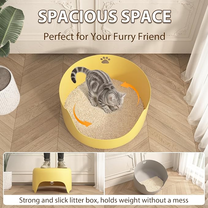 High Sides Low Entry Large Litter Pan (21.6x21.6x13.1 Inches), All-in-One Easy to Clean Plastic Litter Box for Kittens, Elderly & Large Cats, Doubles as Stylish Cat Bed, Yellow