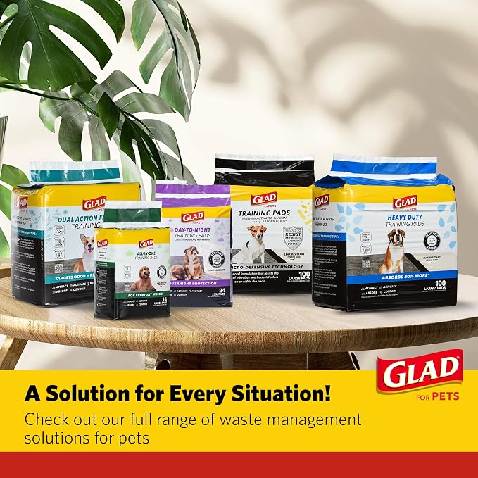 Glad for Pets Dual Action Freshness Activated Carbon Puppy Pads, Fragrance Release, Scented Odor Control, 6-Layer Leak-Proof, Pheromone Attractant, 23 x 23 Inch, 100 Count
