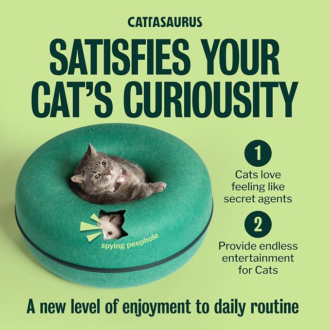 Cattasaurus Peekaboo Cat Cave Donut for Multiple & Large Cats up to 30-45 lbs, 3-in-1 Self Warming Cat Bed, Tunnel & Scratcher for Indoor Cats, Washable & Detachable Dog Bed (Forest Green, Large)