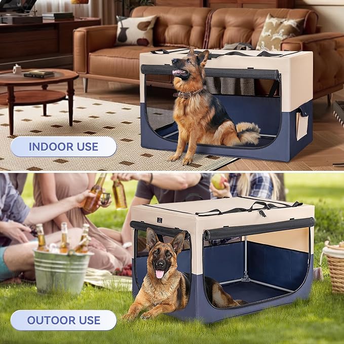 36" Collapsible Dog Crate for Large Dogs - Portable Soft Travel Kennel with Lockable Zippers, Waterproof Base, Washable Cover, Patented Screw Frame for Adjustable Tension, Outdoor, Indoor, Car Use