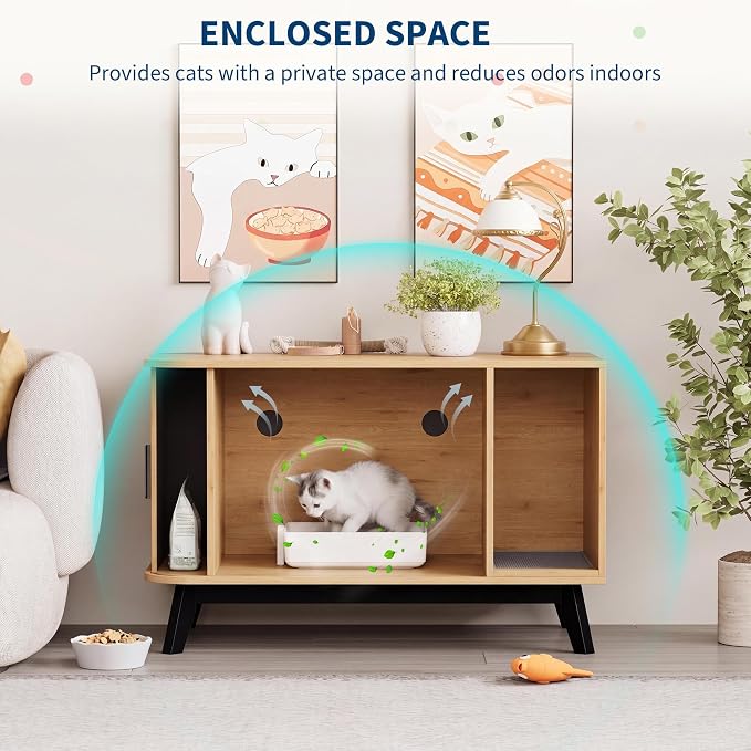 Garvee Cat Litter Box Enclosure, 39" Litter Box Enclosure Furniture Hidden Litter Box with Cat Litter Mat and Sliding Door, Modern Indoor Cat House, Side End Table for Living Room, Natural Wood Color