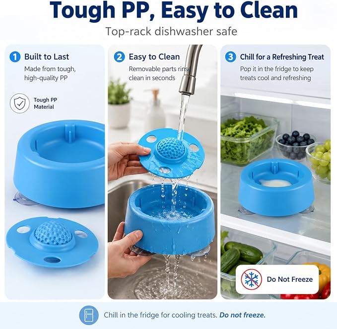 Dog Lick Bowl for Liquid Treats, Dog Lick Ball with Fixed Rolling Ball, 220ml PP Slow Feeder with 3 Suction Cups for Bone Broth Yogurt Supplements, Blue
