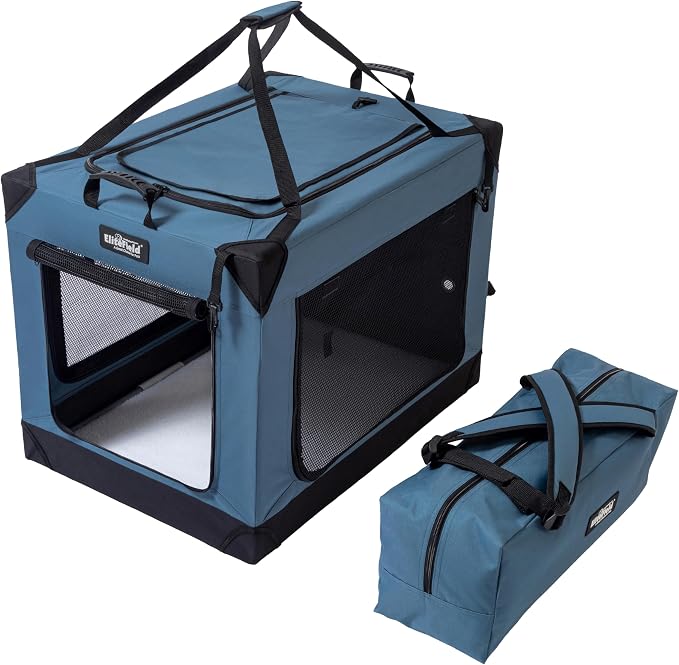 EliteField 4-Door Folding Soft Dog Crate (2-Year Warranty) with Aluminum Frame, Top Curtain, Carrying Bag, and Fleece Bed, Indoor & Outdoor Pet Home (54" L x 37" W x 45" H, Blue Gray)