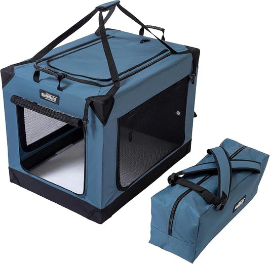 EliteField 4-Door Folding Soft Dog Crate (2-Year Warranty) with Aluminum Frame, Top Curtain, Carrying Bag, and Fleece Bed, Indoor & Outdoor Pet Home (54" L x 37" W x 45" H, Blue Gray)