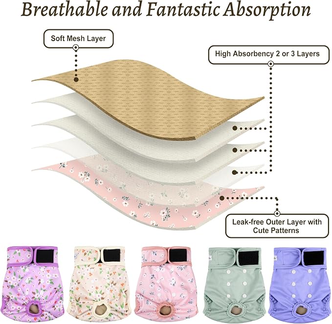 Washable Female Dog Diapers (5 Pack) - Doggie Reusable Small Medium Large Dog Diapers for Doggy Puppy Female in Period - Highly Absorbent Dog Heat Panties,S Plus,Flowers