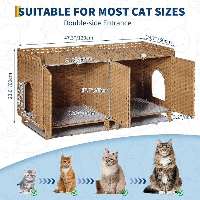 Rattan Litter Box Enclosure Double Room Cat Hidden Litterbox Furniture with Removable Litter Mat & 2 Hooks, Natural Cat House End Table, Easy Assembly, 47.2" l x 19.7" w x 23.6" h Natural