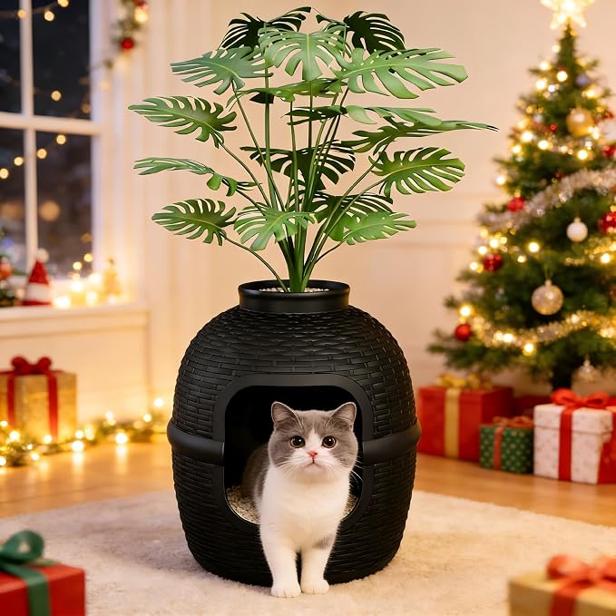 FansaFurn Hidden Litter Box with Faux Plant, Large Cat Litter Box with Rattan Pattern, Heavy Duty PP Material Litter Box Enclosure Furniture for Home Decor, Black