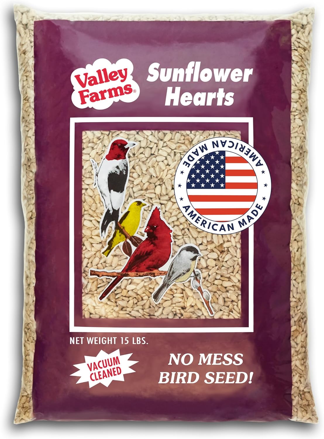 Valley Farms Whole Sunflower Hearts for Birds (15 LB) Clean Shelled Sunflower Seeds, No Mess Wild Bird Seed for Outside Feeders