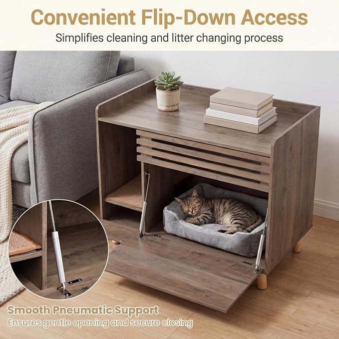Tangkula Farmhouse Litter Box Enclosure, Cat Litter Box Furniture Hidden with Flip-Down Opening Door, Scratching Mat, 31.5 Inch Wooden Cat Washroom Side Cabinet with Storage for Indoor Cats (Brown)
