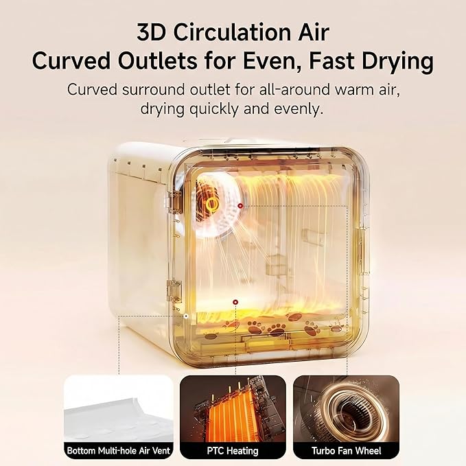 Ultra-Quiet Pet Dryer Box for Cats and Small Dogs - 360° Fast Drying, Adjustable Temperature, Transparent Design, Stress-Free Hands-Free Grooming Solution