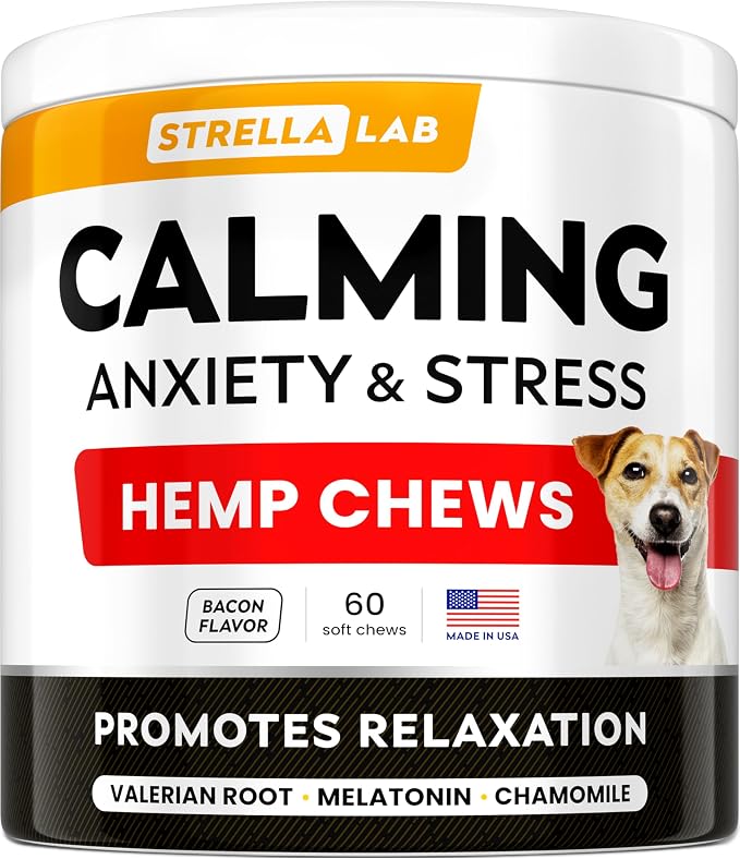 STRELLALAB Advanced Calming Chews for Dogs - Hemp Treats + Melatonin - Sleep Aid - Relaxing Treats - Stress Relief During Fireworks, Thunder - Made in USA - Bacon - 60Ct