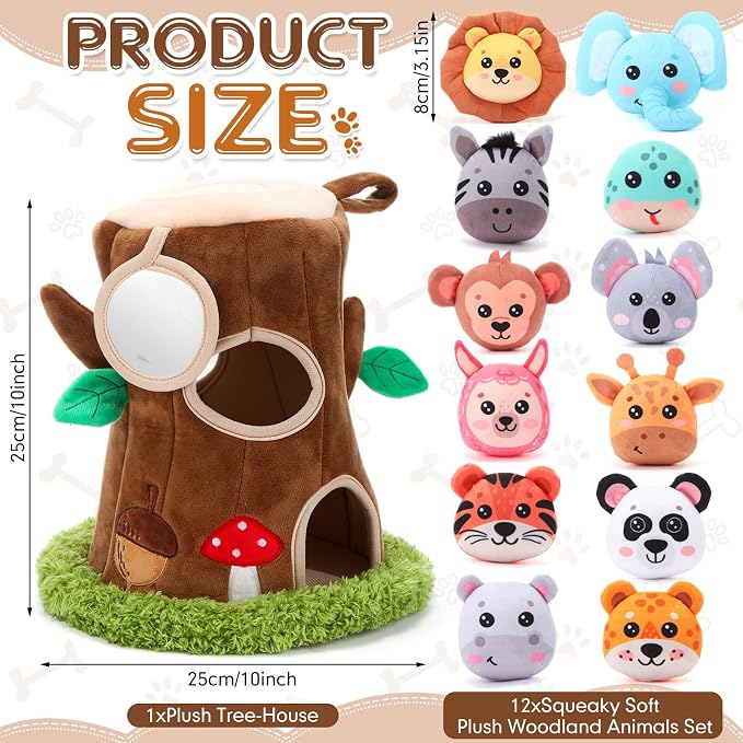 13 Pcs Hide and Seek Dog Toys Activity Puppy Chew Squeaky Animal Plush Woodland Toys with Crinkle Treehouse Interactive Pet Stuffed Gift with Squeakers for Small Medium Pets Dogs Puppy