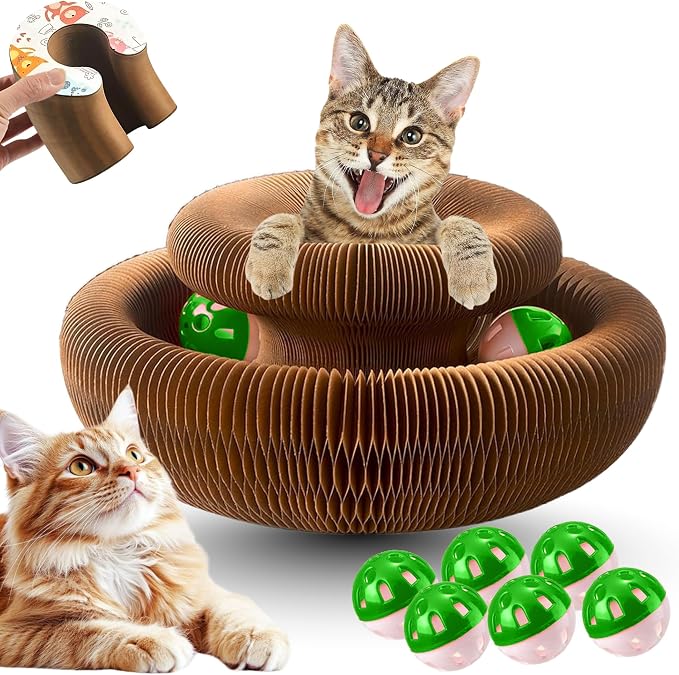 Kitty Kurlz Cat Scratcher Toy - Reversible Magic Organ Foldable Accordion Honeycomb Cardboard Scratching Board with Bell Ball, Interactive Anxiety Relief Exercise Toy for Indoor Cats (1PCS)