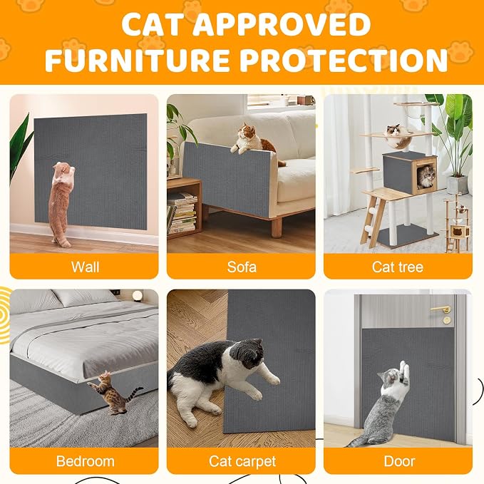 Cat Scratching Mat Self-Adhesive, 118'' x 15.8'' Trimmable Cat Scratch Pads Furniture Protector, DIY Climbing Cats Scratching Carpet for Couch, Door Frame or Wall Corner Protector (Dark Gray)