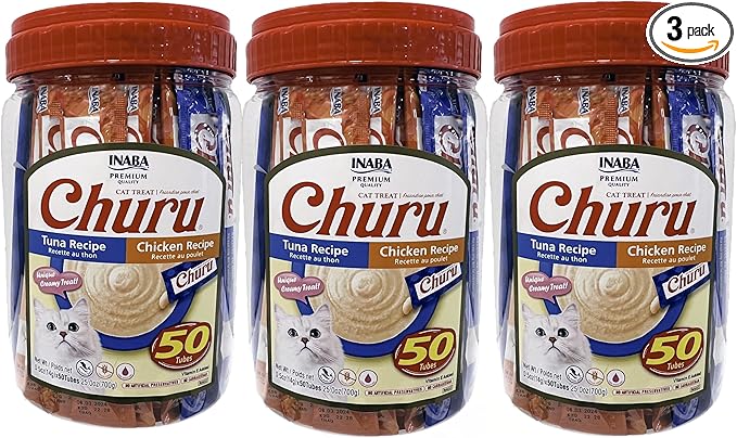 INABA Churu Lickable Grain-Free Purée Cat Treats, (75 Tuna and 75 Chicken) | Grain-Free, Lickable, Squeezable Creamy Purée, Treat/Topper