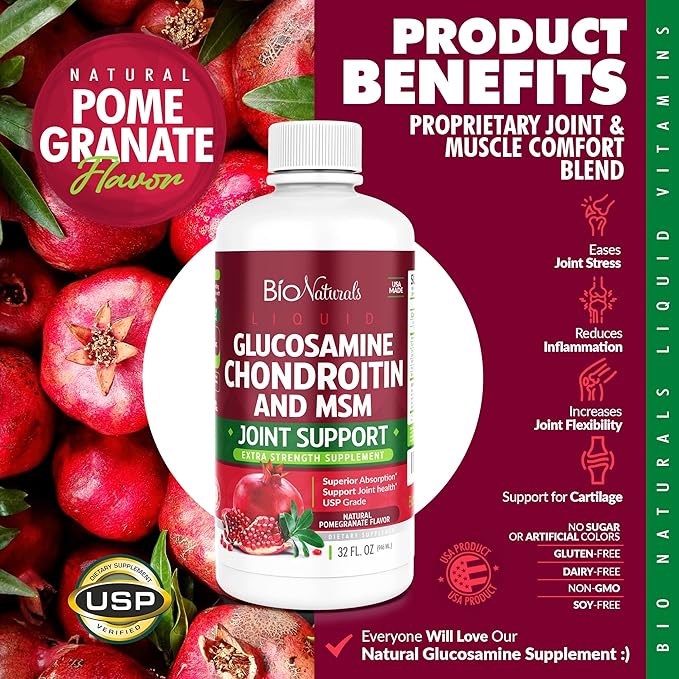 Liquid Glucosamine Chondroitin MSM Pharmaceutical Grade Supplement with Hyaluronic Acid – Maximum Strength Joint Support - 32 fl oz