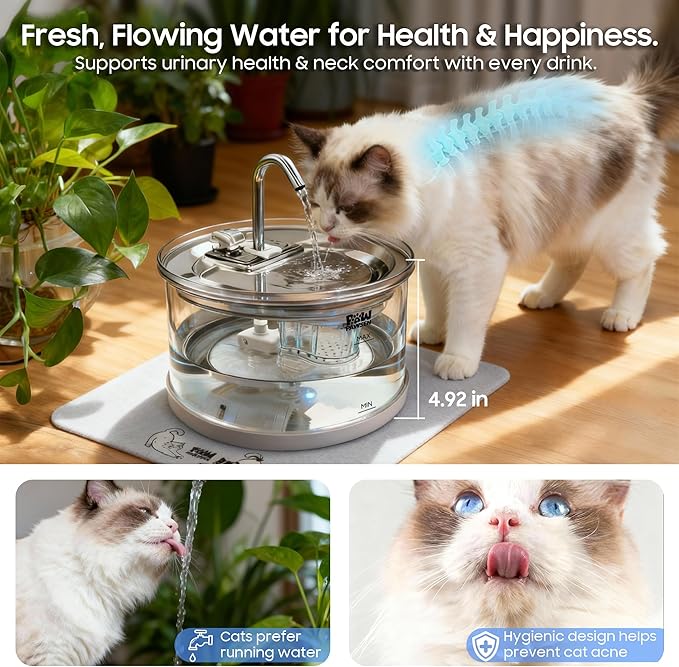 70oz Glass Cat Water Fountain – Ultra-Quiet for Cats & Small Dogs | 3-Stage Filter, 3 Spray Heads + LED Light, Stainless Steel Top, Dishwasher-Safe Glass Bowl, Easy-Clean Design