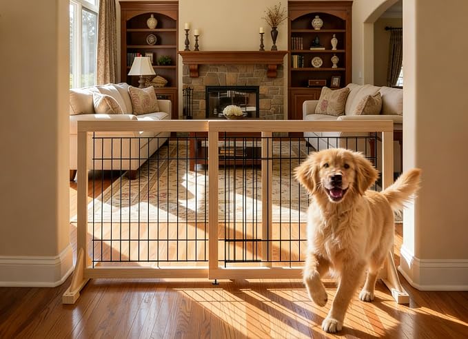 Freestanding Wooden Dog Gate for Doorways & Stairs, Adjustable Width 23.6"–45.3", No-Drill Indoor Pet Barrier for Small Dogs & Puppies, Foldable Dog Gate for Hallways, 23.6" Tall