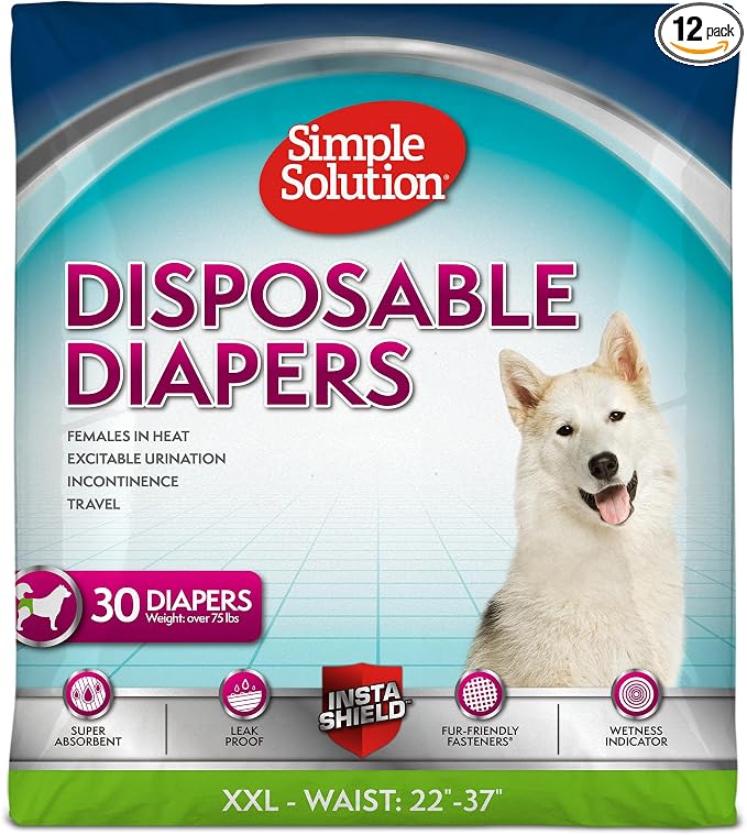 Simple Solution Dog Diapers Female, Dog Diapers, Potty Training, Super Absorbent, Breathable, Wetness Indicator for Urination, 22-37 Inch Waist, (XXL,), 30 Count (Pack of 12)