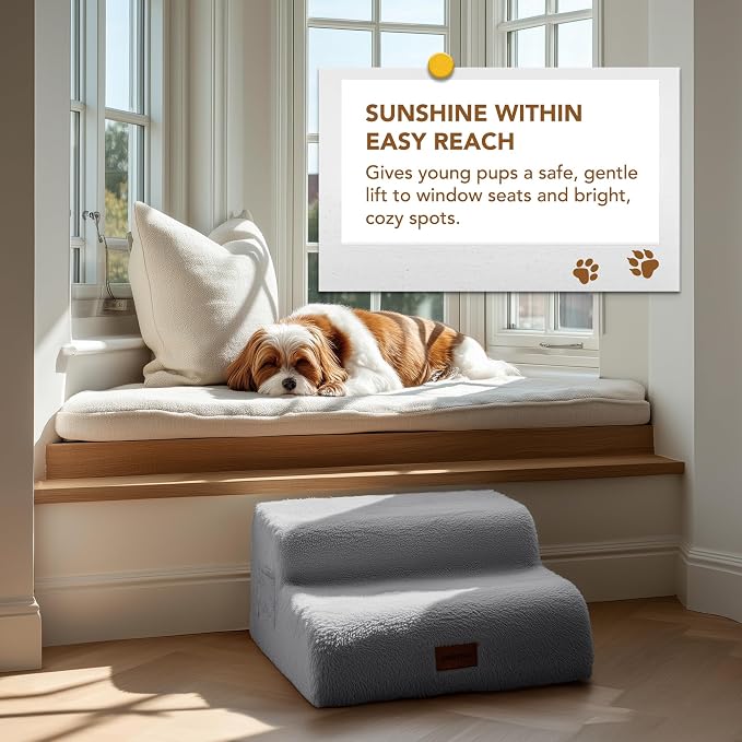 PETNOVO Dog Stairs for Couch and Sofa, 2-Step Dog Steps for Small Dogs, Faux Fur Non-Slip Foam Pet Stairs, Washable Cover, 15.7" D x 15.7" W x 11.8" H, Gray