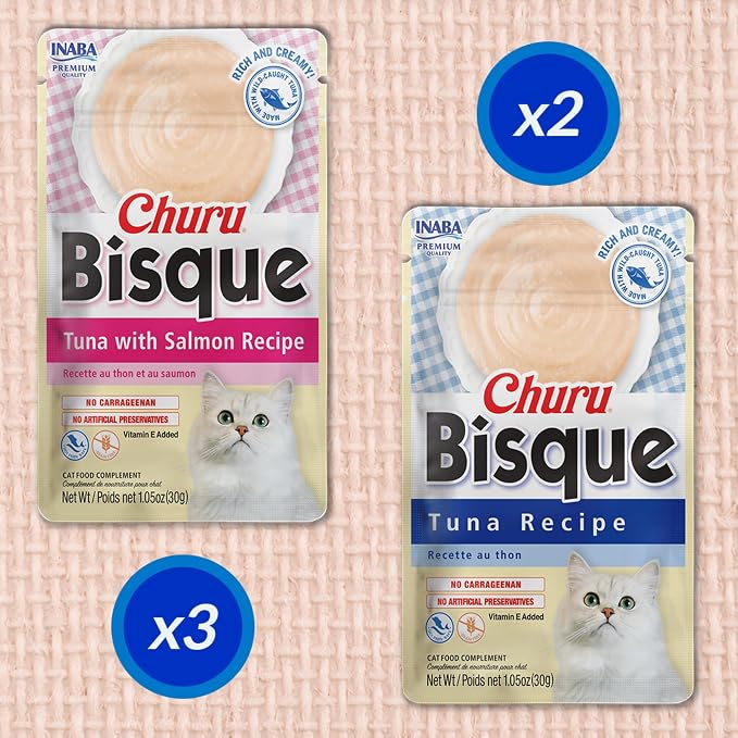 INABA Churu Bisque for Cats, Creamy Purée Side Dish Pouch, 1.05 oz Pouches, 15 Pouches Total, Tuna Variety