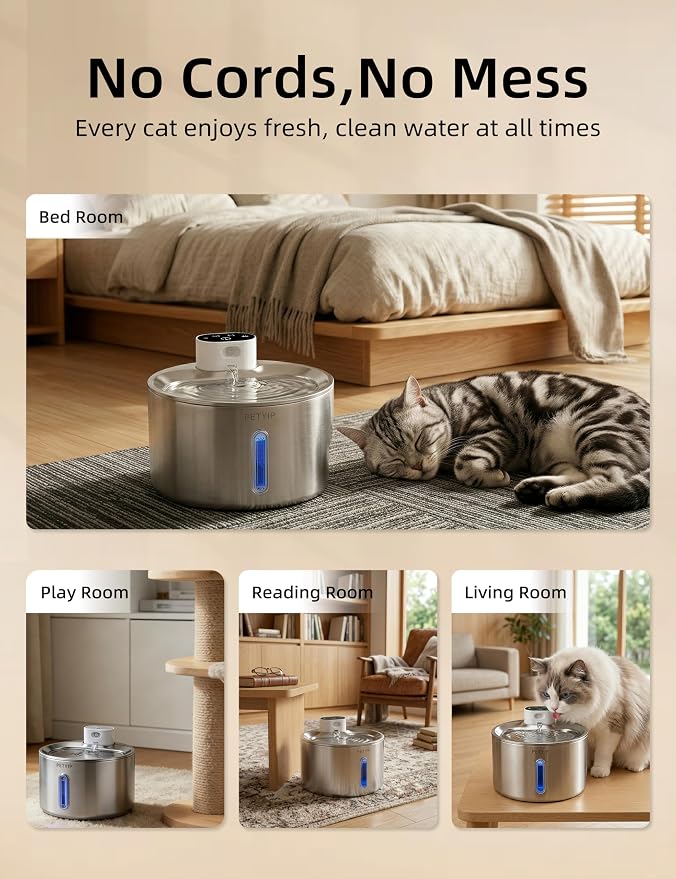 Cat Water Fountain Stainless Steel,135 Fl Oz/4L Wireless Automatic Cat Water Dispenser Large,5000mAh Battery Operated,for Cats & Dogs Indoor (Cat Fountain + 7 Set Filter)