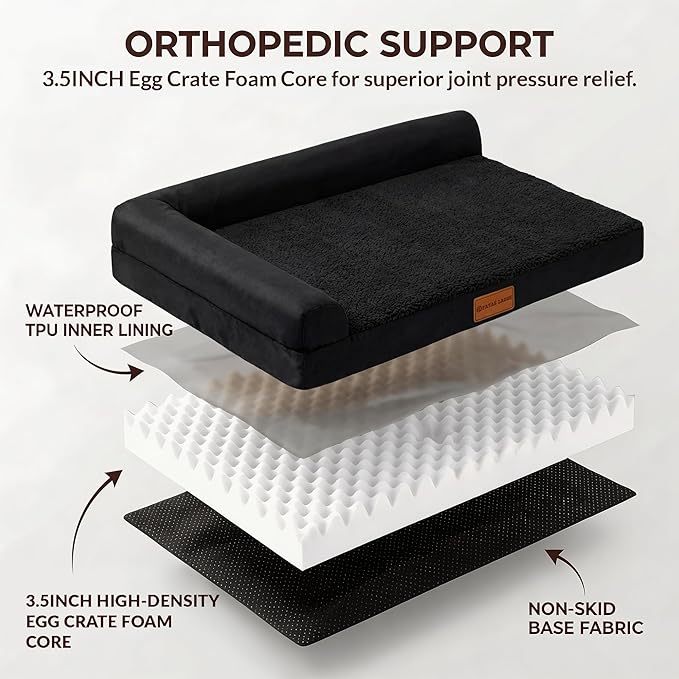 Patas Lague Orthopedic XL Dog Bed Large Sized Dog 42''X28'', Waterproof L Bolster Big Large Pet Sofa Beds with Removable Washable Cover, Soft Pet Couch Crate Mat with Nonskid Bottom, Black