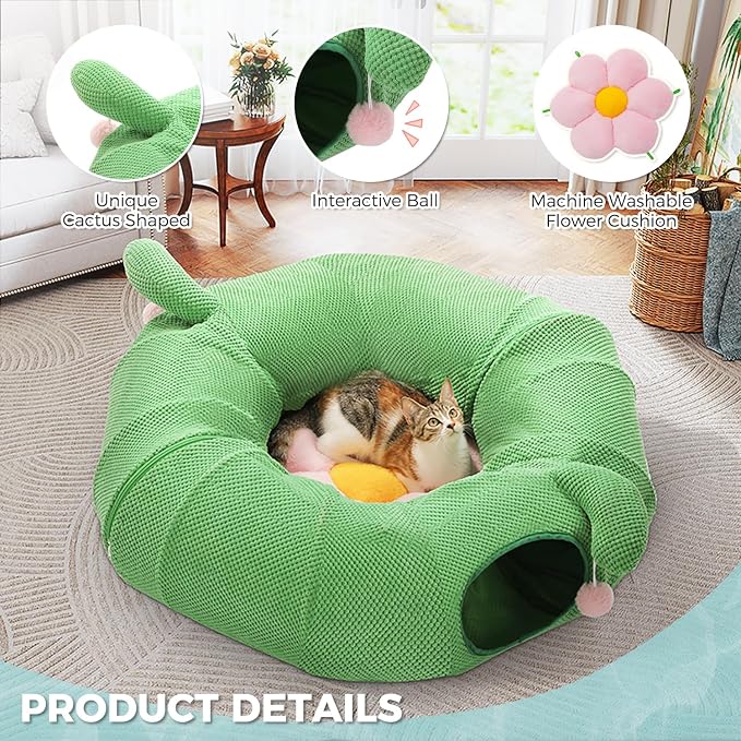 PAWZ Road Cactus Cat Donut Tunnel Collapsible Cat Tunnel Tube, Dia-38 inches with Flower Soft Mat for Indoor Cats and Rabbits