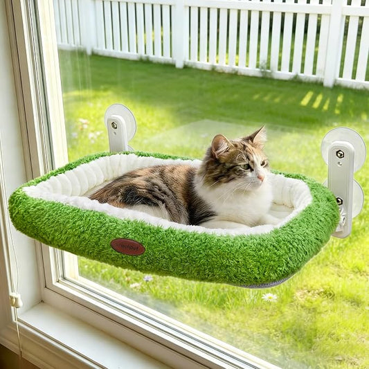 Woochpet Cat Window Perch，Cordless Foldable Cat Hammock Bed for Window with Solid Metal Frame and Ultra Soft Machine Washable Bed with 4-Sided Bolster, 4 Strong Suction Cups Window Resting Seat