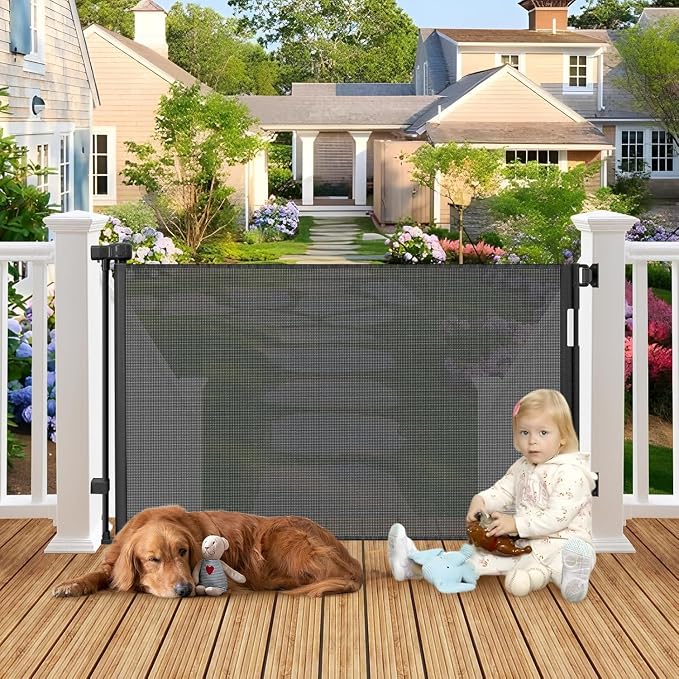 Weatherproof Outdoor Retractable Baby Gates for Decks with No Rust Screws and Rods, 72" Wide Waterproof Outdoor Baby Gate, 6 ft Scratch-Resistant Mesh Retractable Dog Gate for Parents and Pet Owners