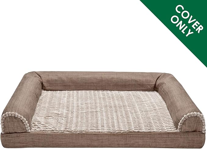 Furhaven Replacement Dog Bed Cover Luxe Faux Fur & Performance Linen Sofa-Style, Machine Washable - Woodsmoke, Large