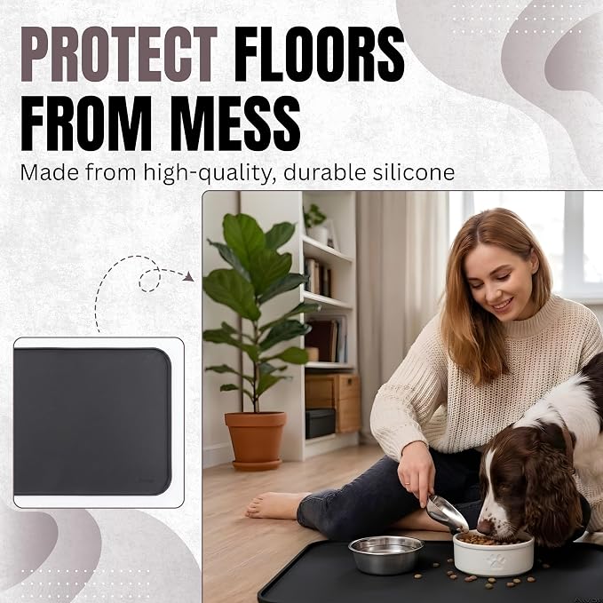 Silicone Pet Feeding Mat 2 Pack 19 x 12 Inch Waterproof Dog & Cat Food Mat with Raised Edge, Non Slip BPA Free Dog Bowl Mat for Food and Water Bowls, Spill Proof Floor Protector (Black)